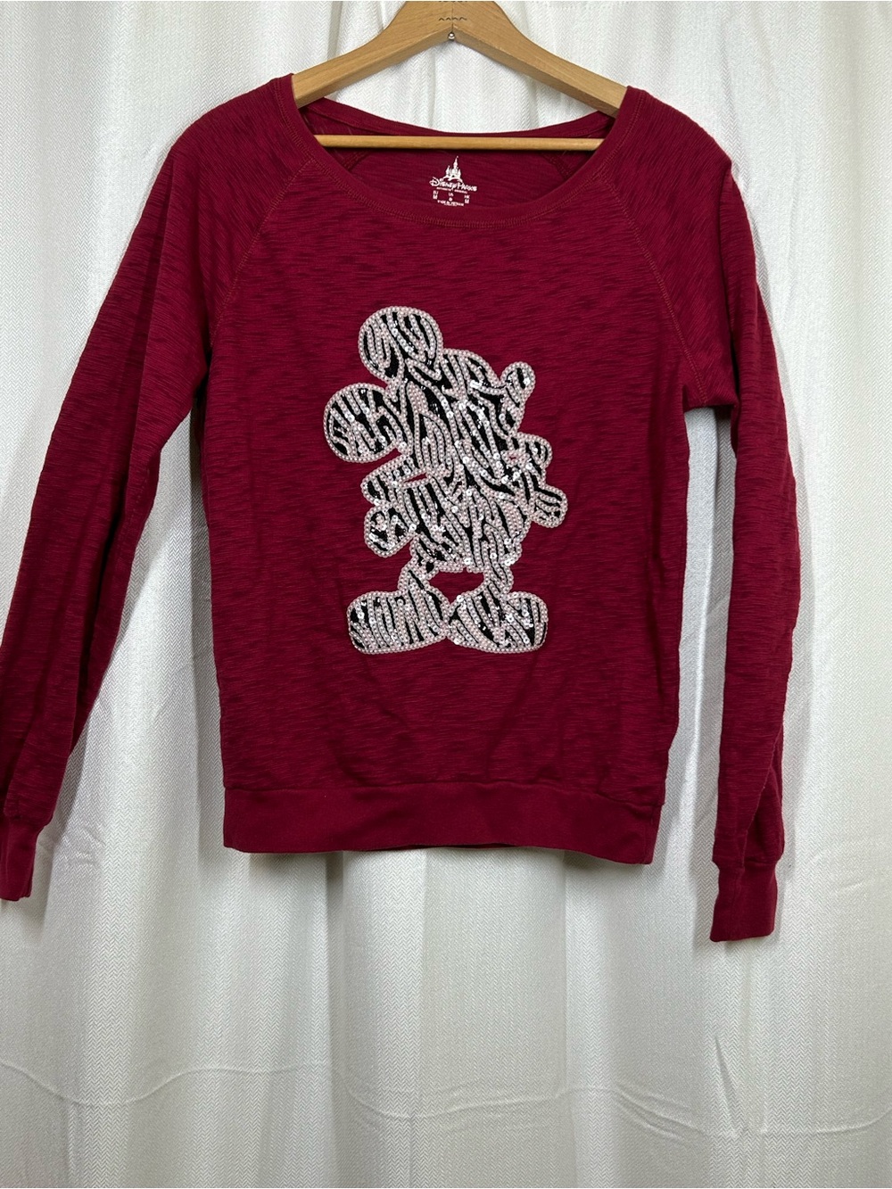 Disney Parks Mickey Mouse Sequin Sparkle Shirt Size Small Maroon Long Sleeve